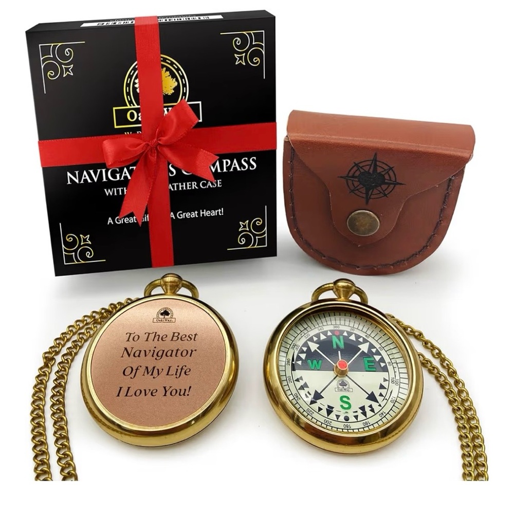 Oakiway Dad’s Pocket Watch Compass With belt Leather Case